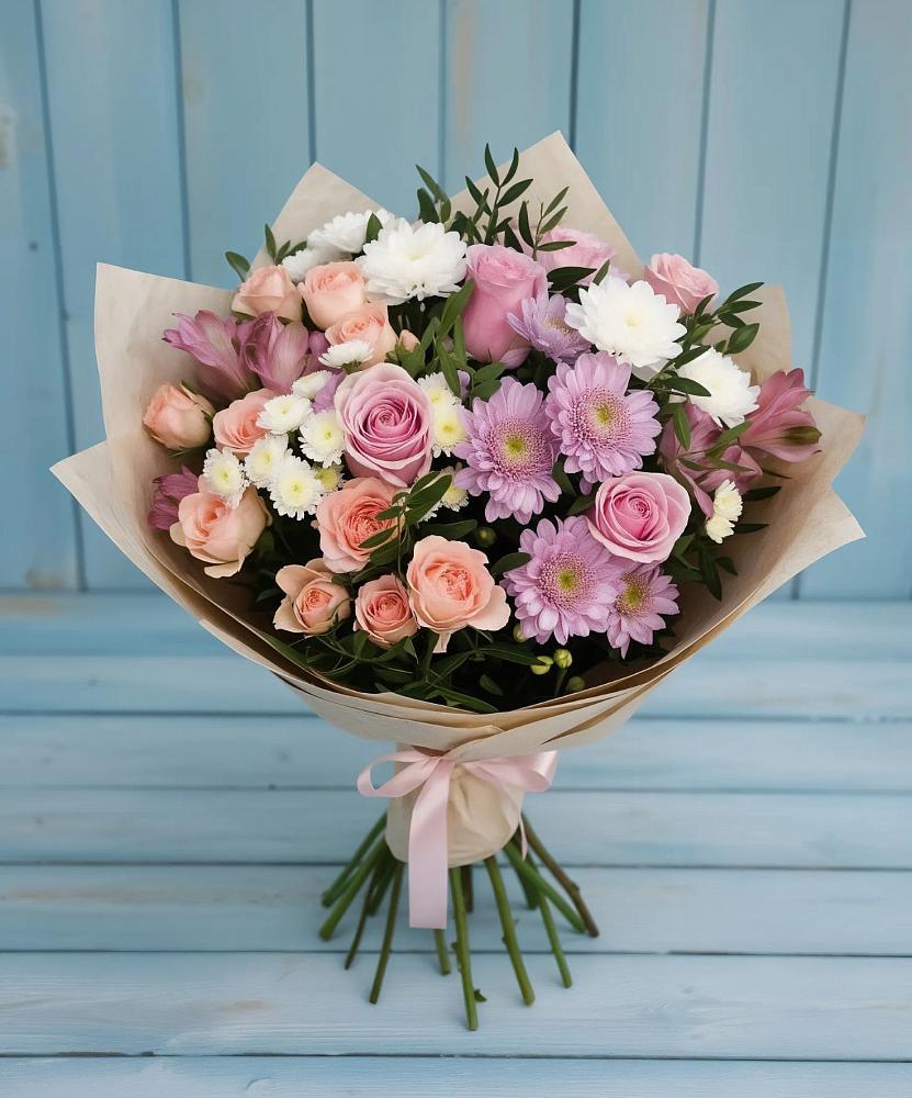 Букет цветов из: Хризантемы, Розы и Альстромерии в Итатский