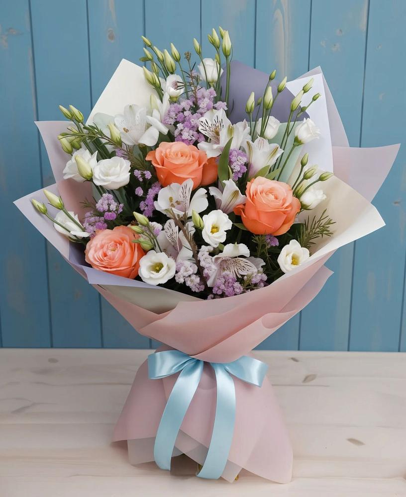 Букет цветов из: Лизиантусы, Розы, Альстромерии и Гипсофила в Итатский